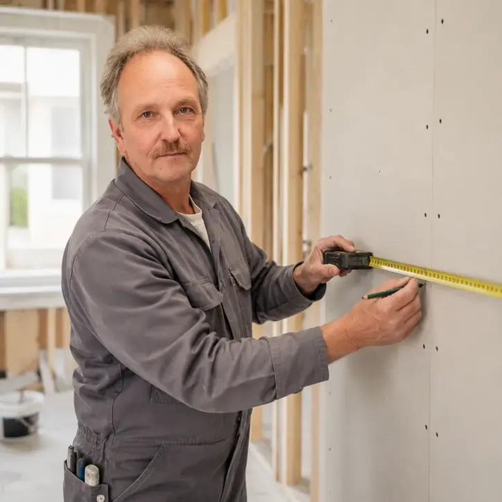 Andreas Keuter prüft eine Trockenbaukante mit dem Lineal
