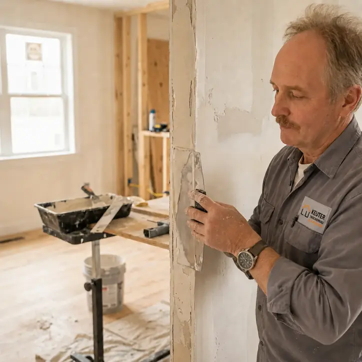 Andreas Keuter beim Verspachteln einer Trockenbauwand
